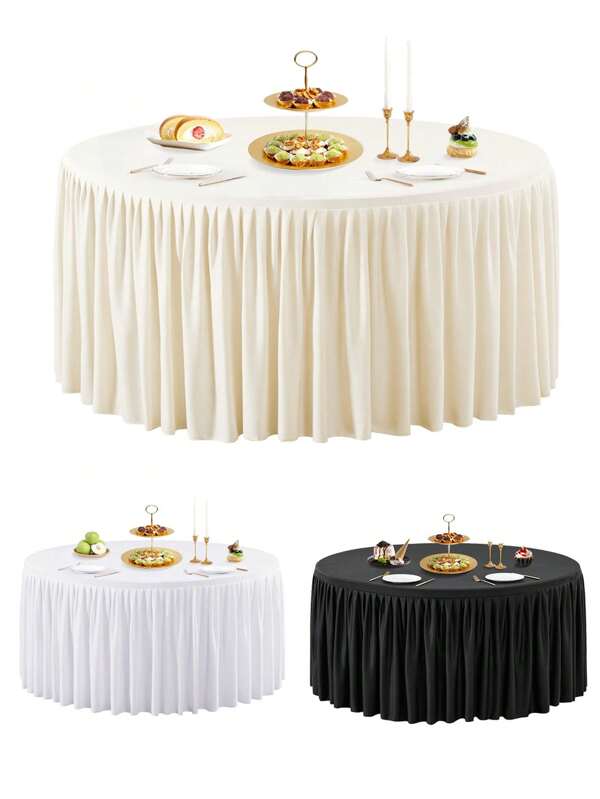 1pc Elastic Stretch Fitted Round Tablecloth With Pleated Ruffle Edge, Fits 48-Inch, 60-Inch, 72-Inch Round Tables, Wrinkle Resistant And Easy Clean Polyester Tableskirt, Perfect For Party Events, Weddings And Banquet Dining Tables