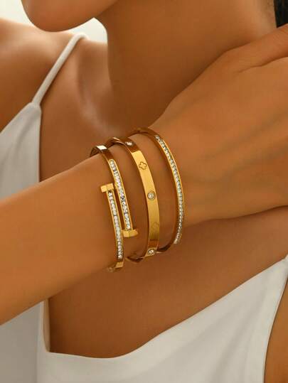 3 pièces Bracelets ouverts en acier inoxydable plaqué or 18 carats, avec zirconium cubique coloré et de luxe, étanche, mode, Bijoux pour femmes
