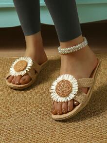 女士休闲平底拖鞋、夏季凉鞋、穆勒鞋、奢华一脚蹬圆头凉鞋 - 薑色 - 查看 5