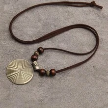 Boho Chic Necklace, Vintage Geometric Spiral Pendant With Wooden Beads, Fashionable Adjust Sweater Long Faux Leather Chain Jewelry Accessory For Women Casual Wear, Ideal Gift - Nhiều màu - Xem 5