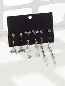 6 Pairs Gothic Skull, Cross, Bat, Spike-Shaped Halloween Design Fashion Earring Set
