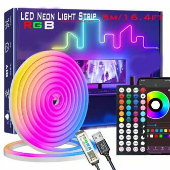 16.4 قدم شريط LED نيون، أشرطة مرنة، التحكم عبر التطبيق/جهاز التحكم عن بُعد، أوضاع متعددة، إضاءة LED مزامنة مع الموسيقى للألعاب لغرفة النوم والأماكن الداخلية والخارجية، إضاءة RGB، مقاومة للماء، إضاءة LED، إضاءة جنية، ديكور الحائط، إضاءة خلفية التلفزيون، إضاءة ليلية
