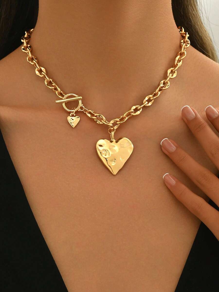 1 件时尚优雅液态金属心形吊坠项链，简约设计，带 OT 扣，适合日常和派对佩戴珠宝，适合作为情人节礼物