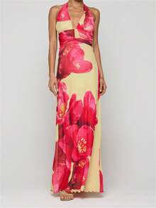 Womens Boho Floral Print Halter Maxi Bodycon Dress Summer Sexy Backless Flowy Long Dresses Beach Vacation Sundress - 紅色 - 查看 1