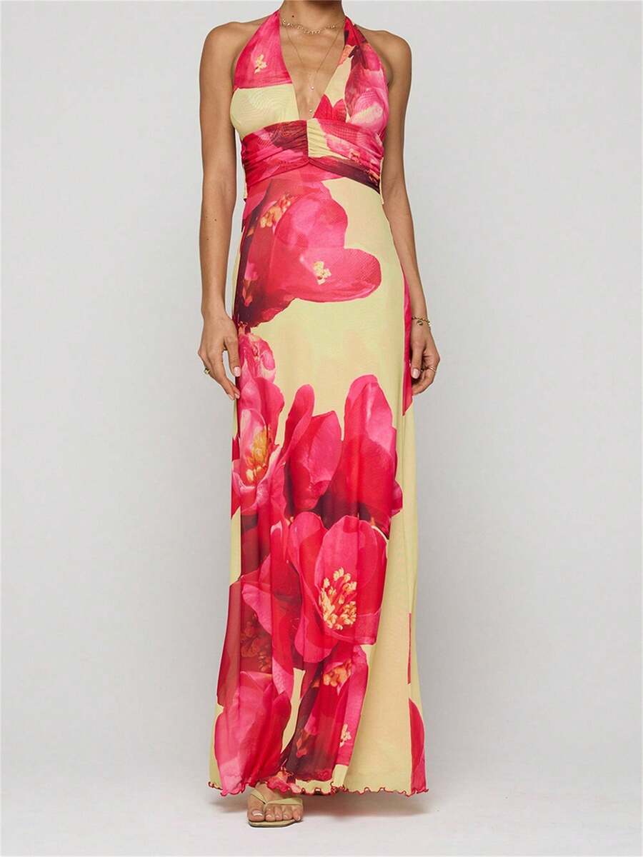 Womens Boho Floral Print Halter Maxi Bodycon Dress Summer Sexy Backless Flowy Long Dresses Beach Vacation Sundress - 紅色 - 查看 1