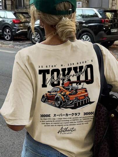 Summer New Casual Simple Funny Race Car Print White Short Sleeve Round Neck T-Shirt, Versatile Daily Fashion Womenswear Top