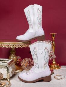 1双儿童火焰图案亮片饰边仿皮靴，中筒拉链，低跟，西部牛仔风格，适合休闲/派对穿着 - 白色 - 查看 7