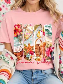 JOYY Plus Size Summer Atmosphere Beach Pattern Print Round Neck Short Sleeve T-Shirt Suitable For Party Gatherings And Gatherings Can Be Worn In All Seasons Suitable - Pink - View 3