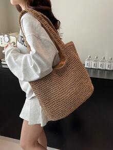 Fashionable Large Capacity Woven Tote Bag For Women - Khaki - View 3