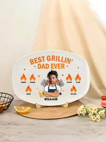 Personalized BBQ Serving Platter With Photo And Names, Best Grilling Dad Ever, Fathers Day Gift For Dad Grandpa Husband, Funny BBQ Keepsake Plate, Wall Decor For Kitchen, Summer Holiday Gift For Him, Birthday Present, Home Decor, Outdoor Dining - Multicolor - View 7