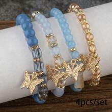 4pcs/Set Bohemian Style Stacked Bracelet Set With Colorful Butterfly Beaded Multi-Layer Bracelets - 藍色 - 查看 2