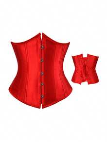 1pc Brocade Palace Style Body Shaper Corset, Waist Cincher With Adjustable Drawstring Waist Trainer - Red - View 6