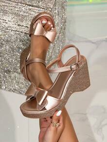 女士圆头高跟坡跟凉鞋，迷人香槟色舒适防水台厚底鞋，高跟凉鞋，适合海滩度假 - 香檳色 - 查看 1