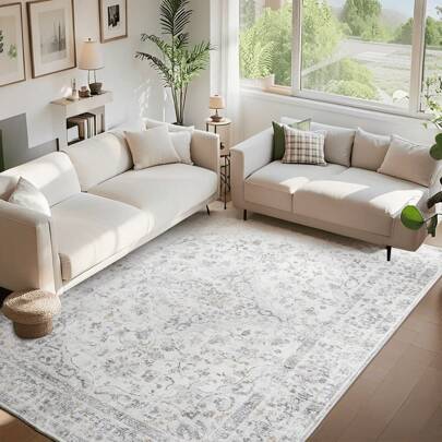Boho Vintage Area Rug - Washable Faux Wool Low Pile Carpet | Non-Slip & Non-Shedding Indoor Rug For Living Room, Bedroom, Kids Room & Home Office