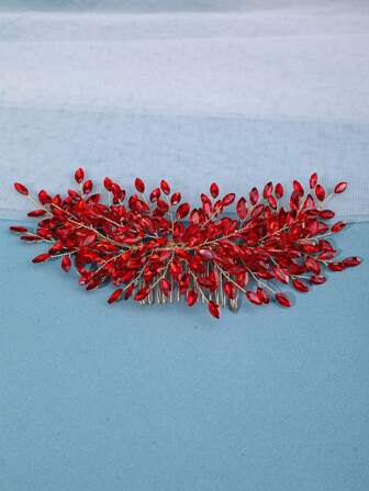 1pc Women's Handmade Gold Luxury Woven Hair Comb, Romantic Bridal Headpiece Red Active Brilliant Silver Accessory, Sparkling Crystal Wedding Jewelry