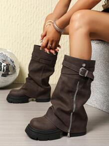 2025 秋冬棕色拉链金属装饰带踝靴，厚底方头休闲街头音乐节时尚百搭新款女靴