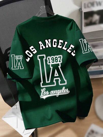 Teenage Boys' Retro LA Academy Design Short Sleeve Loose Comfortable Breathable T-Shirt, Casual Campus Summer Wear, Boys Tops