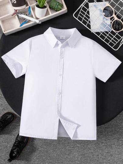Tween Boy Classic Casual White Short-Sleeved Shirt, Suitable For Formal Events, Parties & Performances