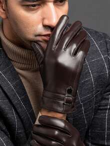 1 Pair Solid Color Casual PU Leather Men's Full Finger Touchscreen Gloves, Faux Sheepskin Faux Leather PU Gloves For Outdoor Sports Cycling, Windproof Waterproof Warm Autumn Outfits