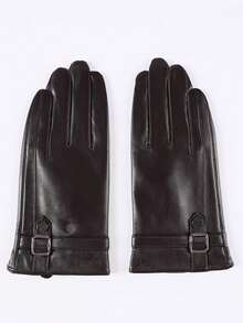 1 Pair Solid Color Casual PU Leather Men's Full Finger Touchscreen Gloves, Faux Sheepskin Faux Leather PU Gloves For Outdoor Sports Cycling, Windproof Waterproof Warm Autumn Outfits