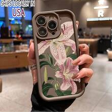 Vintage Floral Lily Pattern TPU Phone Case For IPhone 16 15 14 Pro Max 13 12 11 XR XS Plus Shockproof Drop Protection Rugged Durable Silicone Cover Cellphone Protective Flower Casing - 酒紅色 - 查看 1