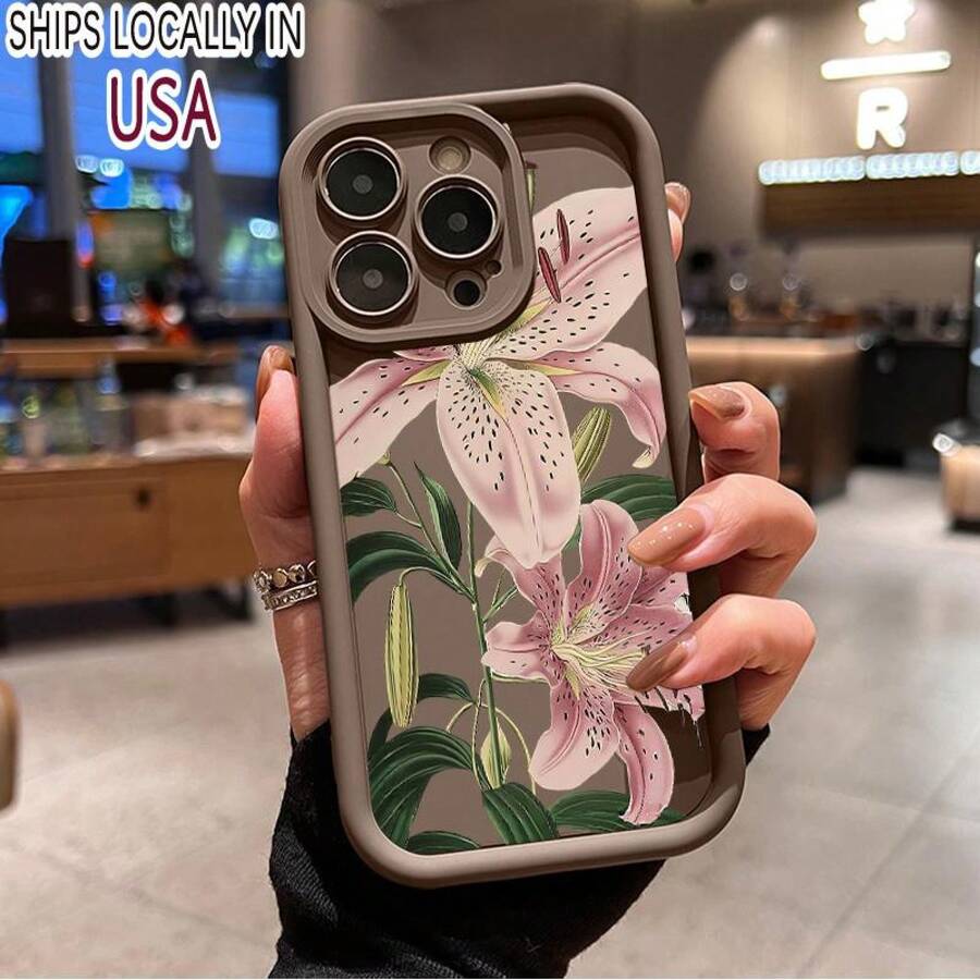 Vintage Floral Lily Pattern TPU Phone Case For IPhone 16 15 14 Pro Max 13 12 11 XR XS Plus Shockproof Drop Protection Rugged Durable Silicone Cover Cellphone Protective Flower Casing - 酒紅色 - 查看 1
