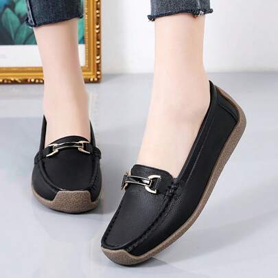 Women Flats Shoes, Loafers Shoes For Women Black Shoes, Elegant & Casual Style, Metal Buckle Decoration, Comfortable Flat Shoes Fall.