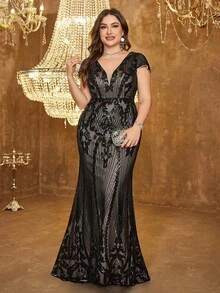 UNITHORSE Plus Size Women Deep V-Neck Backless Sequin Decor Cocktail Party Dress With Shawl Sleeves - Black - View 1