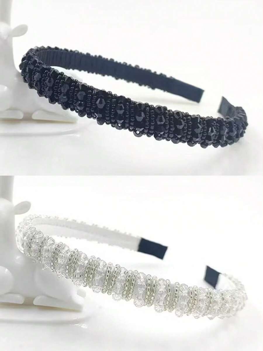 1KIT/2 Pieces Fashion Crystal Tiara And Colorful Hair Beads. - Preto E Branco - View 1