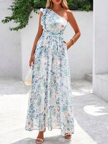 Women Summer Dress Floral One Shoulder Sleeveless Smocked Ruffle Flowy Long Dress With Pocket Boho Beach Vacation Holiday Wedding Guest Valentine Maxi Dress Outfits - 淺藍色 - 查看 5