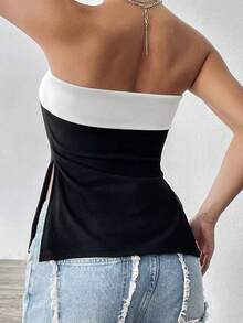 Women's Contrast Color Tube Tops Sleeveless Off Shoulder Strapless Side Split Bandeau - Black - View 4