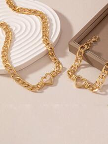 1 Stück Halskette + 1 Stück Armband mit Cut Out Herz Design in Goldkette, Schmuckset aus Zinklegierung, eleganter Freizeitstil, Geschenkidee für ein Date