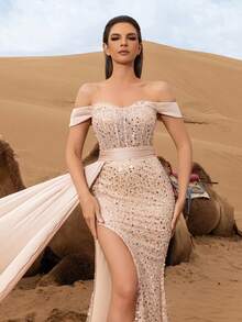 Faeriesty Rochie de seară elegantă, cu paiete și mărgele - siluetă de sirenă, cu umeri goi, talie cu curea, detalii asimetrice cu crăpături înalte, pentru galele de covor roșu, nunți de lux, evenimente de seară formale