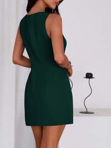 Valentine's Day Women's Formal Summer French Style Business Sleeveless Button-Up Skirt Elegant Work Office Dress - Green - View 2