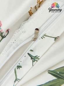 2 ou 3 pièces Ensemble de couette à motif d'imprimé de feuilles vertes et de fleurs roses avec bordure à volants 100% coton, respirant, ultra doux, toutes saisons (1 pièce*Couette + 1 ou 2 pièces*Taie d'oreiller, sans oreiller), design bicolore doux pour chambre à coucher et chambre d'amis, Saint-Valentin, poids léger, tailles lit King, Queen, Full, Twin