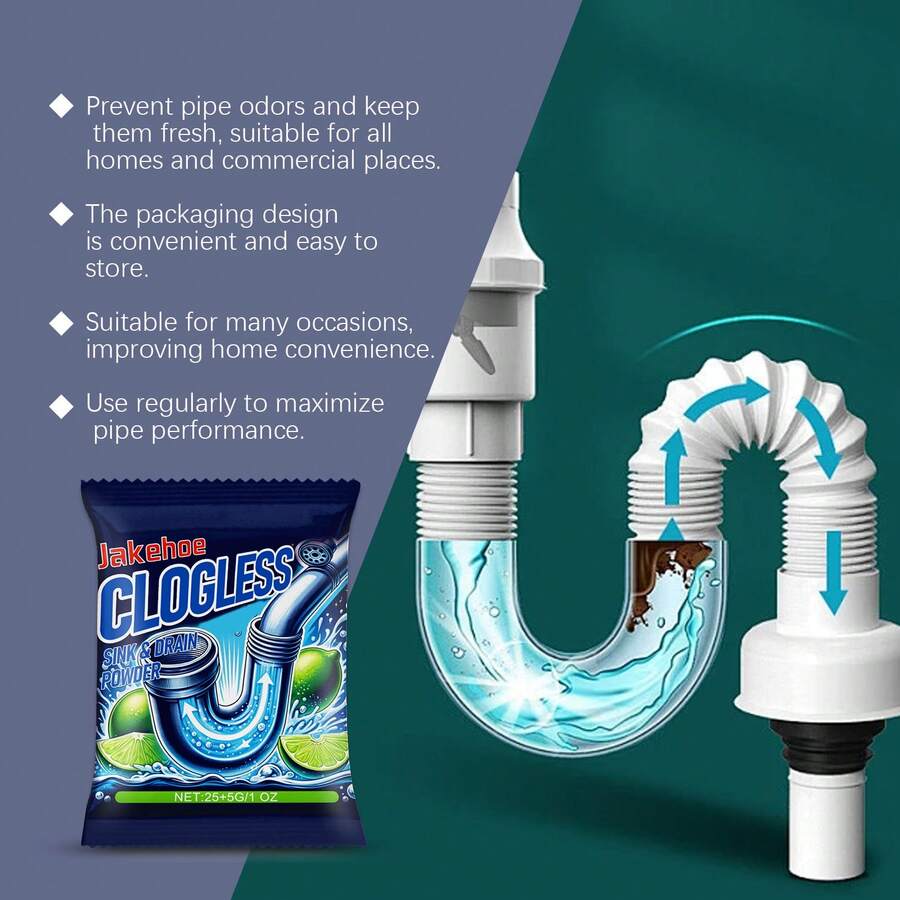 Drain Clearing Powder, For Unclogging Bathroom And Kitchen Drains, Dissolves Blockages, Removes Odors, Cleaning Agent