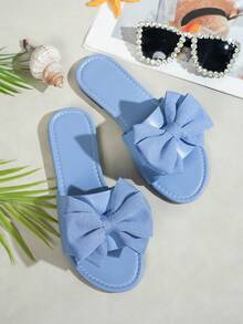 Sandalias planas para mujer, nuevas de verano, con decoración de lazo, cómodas, minimalistas, para playa, , casual, vacaciones, hogar, versátiles, ligeras, suela blanda, tallas grandes, chanclas de punta abierta - Celeste - Ver 4