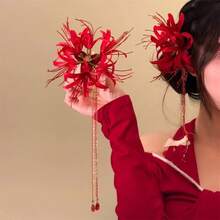 Horquillas con flores de lirio rojo para mujer, accesorios para el cabello elegantes con borlas para fiestas en la playa, bodas - Multicolor - Ver 3