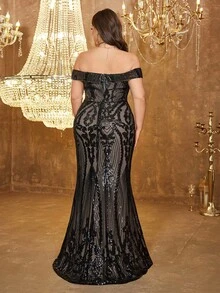 UNITHORSE Plus Size Women Off Shoulder Backless Dress, Glitter Sequins Decoration, Elegant Evening Party Dress, Bride Dress, Birthday Outfits, Graduation Dress, Formal Dress, Fall Women Clothes - 黑色 - 查看 2