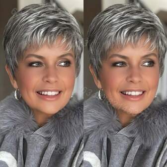 Women'S Fashion Fluffy Short Wig With Gray Gradient Straight Bangs, Mom'S Daily Soft And Stylish Heat-Resistant Synthetic Hair, Elegant Party Wig Suitable For All Beginners