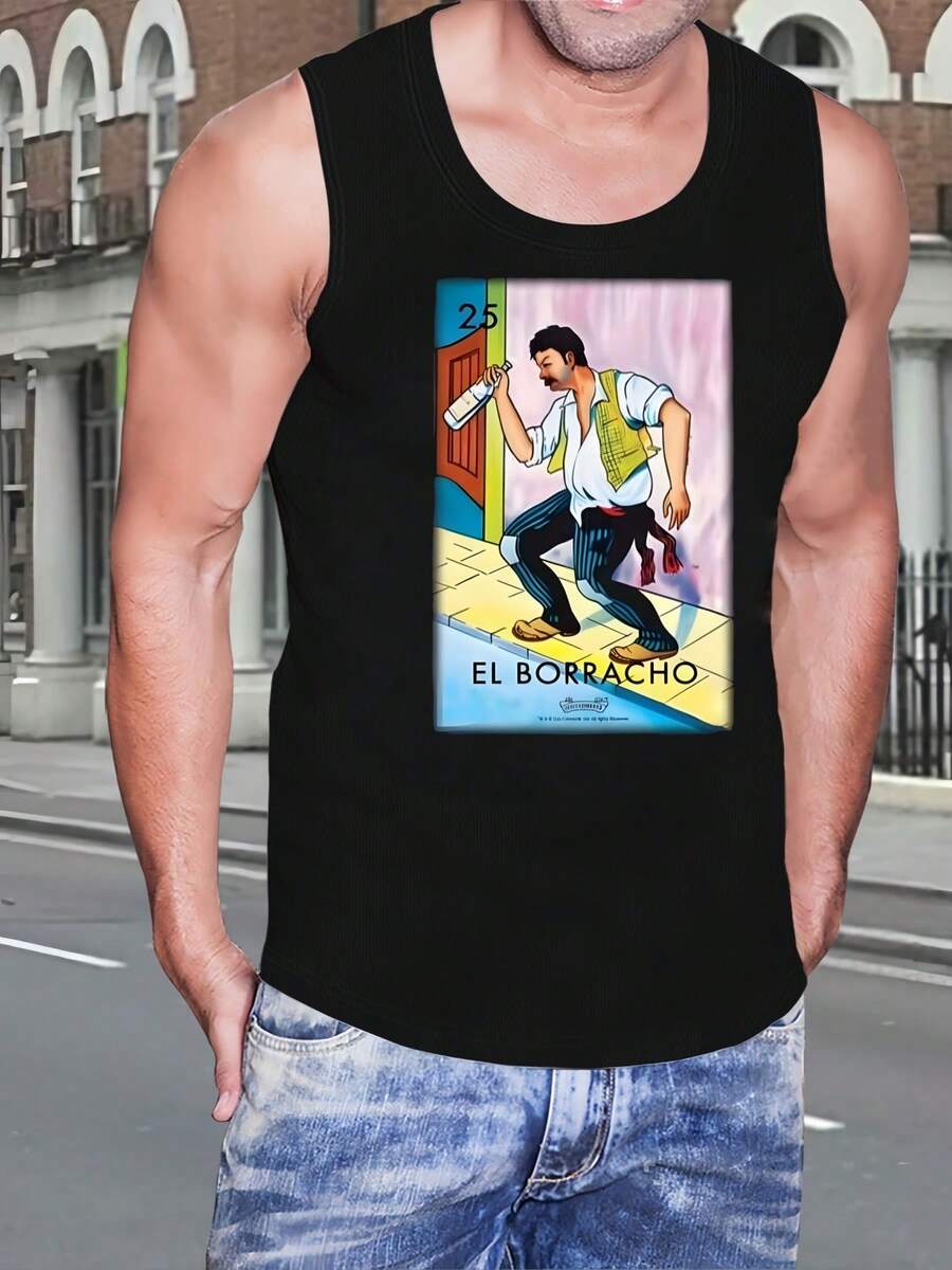 El Borracho Tank Top Men's Funny Loteria Vest , Men's New Summer 100% Cotton Quality  Fashion Printed Tank Top , Comfortable And Soft Breathable Cool(21 PC) - Black - View 1