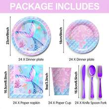 168 Pieces Of High Quality Mermaid Themed Tableware Including Paper Plates, Cups, Napkins, Knives, Forks And Spoons. Can Be Used For 24 Guests For Camping, Birthday Party. - Nàng tiên cá - Xem 5