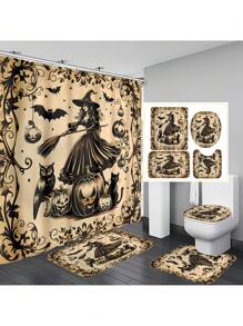 1 Stücke/4 Stücke Halloween Hexe Bad Kürbis Vorhang Dekoration, schönes Einweihungsgeschenk, moderne Heimdekoration, wasserdichter Duschvorhang und Toiletten-Bodenmatte Drei-Teile-Set mit 12 Duschvorhangösen Schulanfang