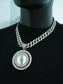 1pc Rotatable Jesus Pendant Necklace + 1pc Green Oil Drop Jesus Bracelet Set, Stylish Hip Hop Gift For Men, Suitable For Daily Wear
