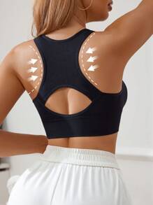 1 Pc Solid Color Fashion Zipper Model Hollow Back Breathable Comfortable Non-Steel Ring Removable Thin Padded Sports Bra