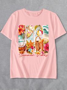 JOYY Plus Size Summer Atmosphere Beach Pattern Print Round Neck Short Sleeve T-Shirt Suitable For Party Gatherings And Gatherings Can Be Worn In All Seasons Suitable - Pink - View 4