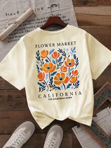 Howell 百搭时尚花卉印花短袖 T 恤女式休闲迷人花卉图案圆领 T 恤女式上衣 - 杏色 - 查看 3