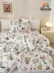 2 ou 3 pièces Ensemble de couette à motif d'imprimé de feuilles vertes et de fleurs roses avec bordure à volants 100% coton, respirant, ultra doux, toutes saisons (1 pièce*Couette + 1 ou 2 pièces*Taie d'oreiller, sans oreiller), design bicolore doux pour chambre à coucher et chambre d'amis, Saint-Valentin, poids léger, tailles lit King, Queen, Full, Twin