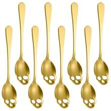 Juego creativo de 8 cucharitas de acero inoxidable con diseño de calavera para café, cucharitas doradas pequeñas ranuradas ideales para Halloween, lindas cucharitas pequeñas de 5.8 pulgadas para revolver