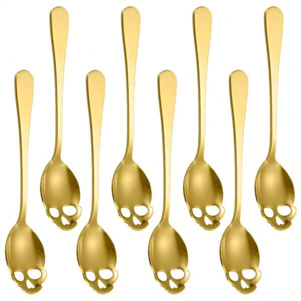 Cuillères à café en acier inoxydable créatives en forme de crâne, set de 8 cuillères à café dorées pour remuer, petites cuillères à fente dorées pour l'Halloween, mignonnes petites cuillères de 5,8 pouces pour remuer